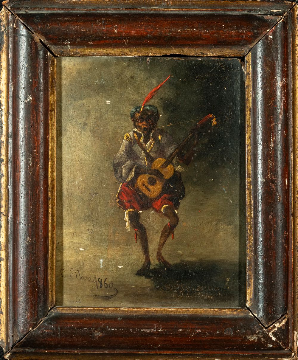 19th-century French painting of a chimpanzee guitarist, dressed in period attire with a feathered hat, signed by &quot;C. Sihluay&quot; and dated 1860, capturing the playful essence of the artist&#039;s work.