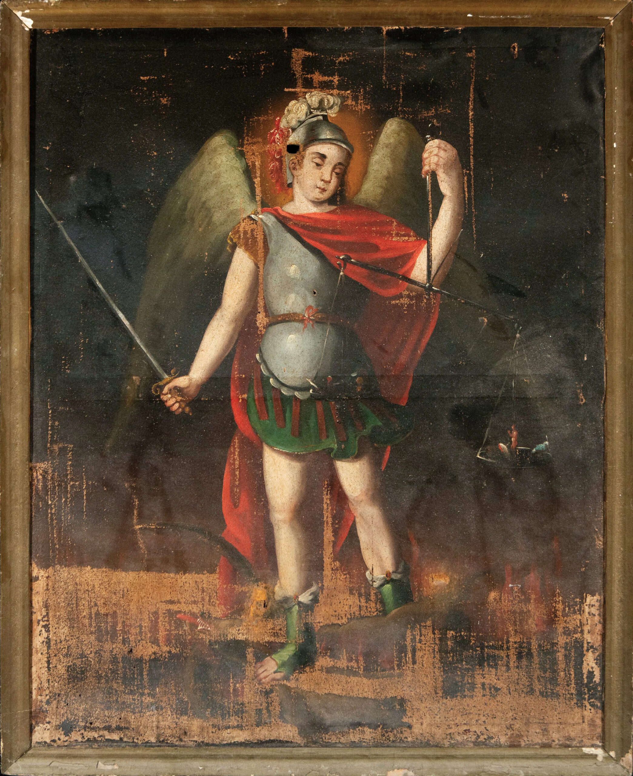 A Mexican Colonial painting depicting Saint Michael the Archangel standing triumphantly with a sword and scales, dressed in armor and a red cape, with wings spread and a serene expression.