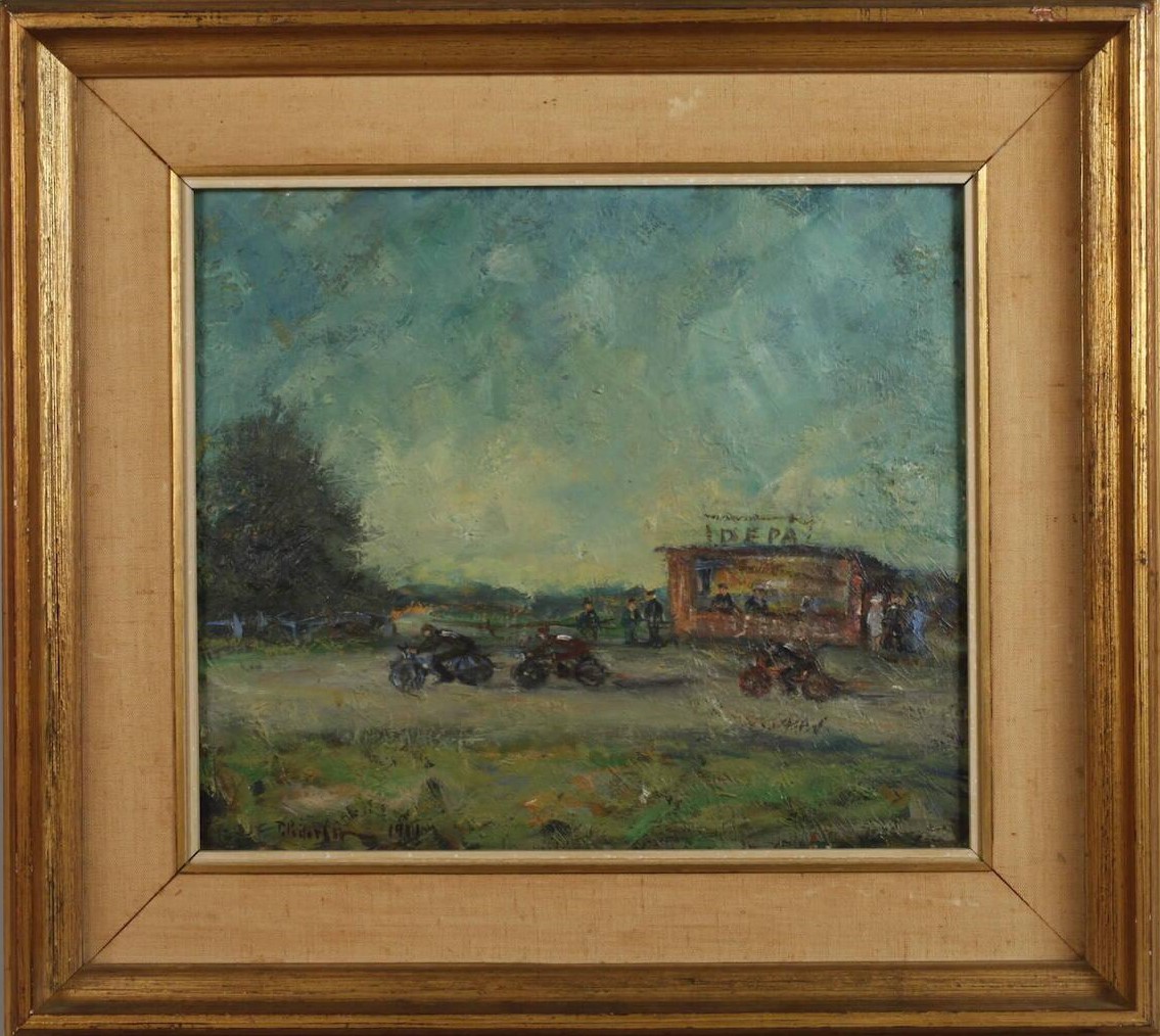 Speedway painting by Thorsten Pedersén, 1951, depicting motorcyclists racing under a vast sky with a roadside stop in the background.