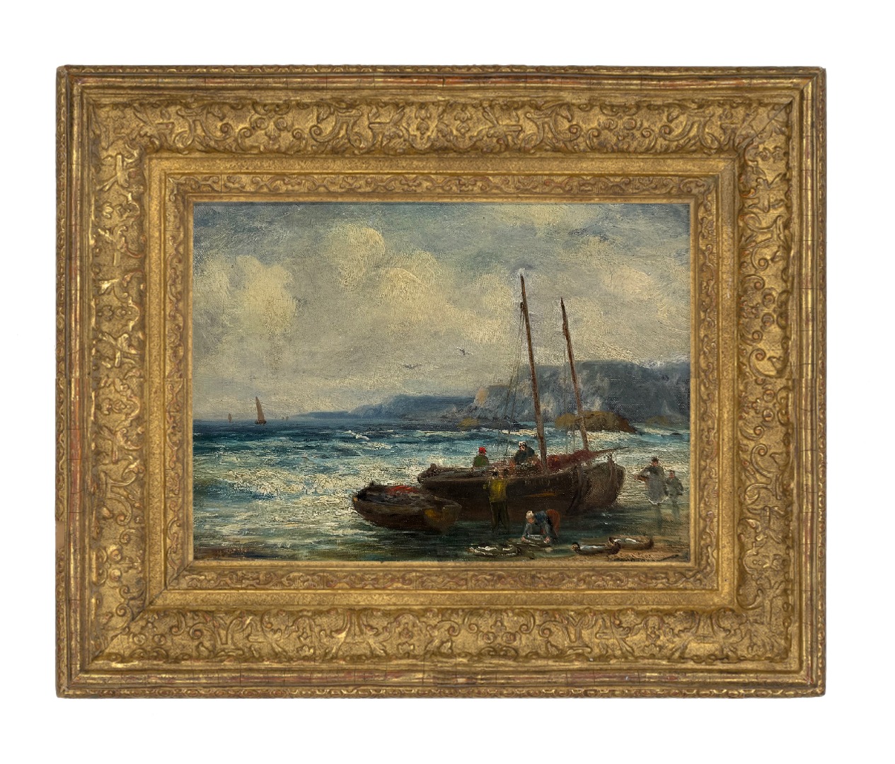 A coastal scene by English Impressionist Tomson Laing, dated 1890, featuring moored boats and figures along the shoreline under a cloud-filled sky.