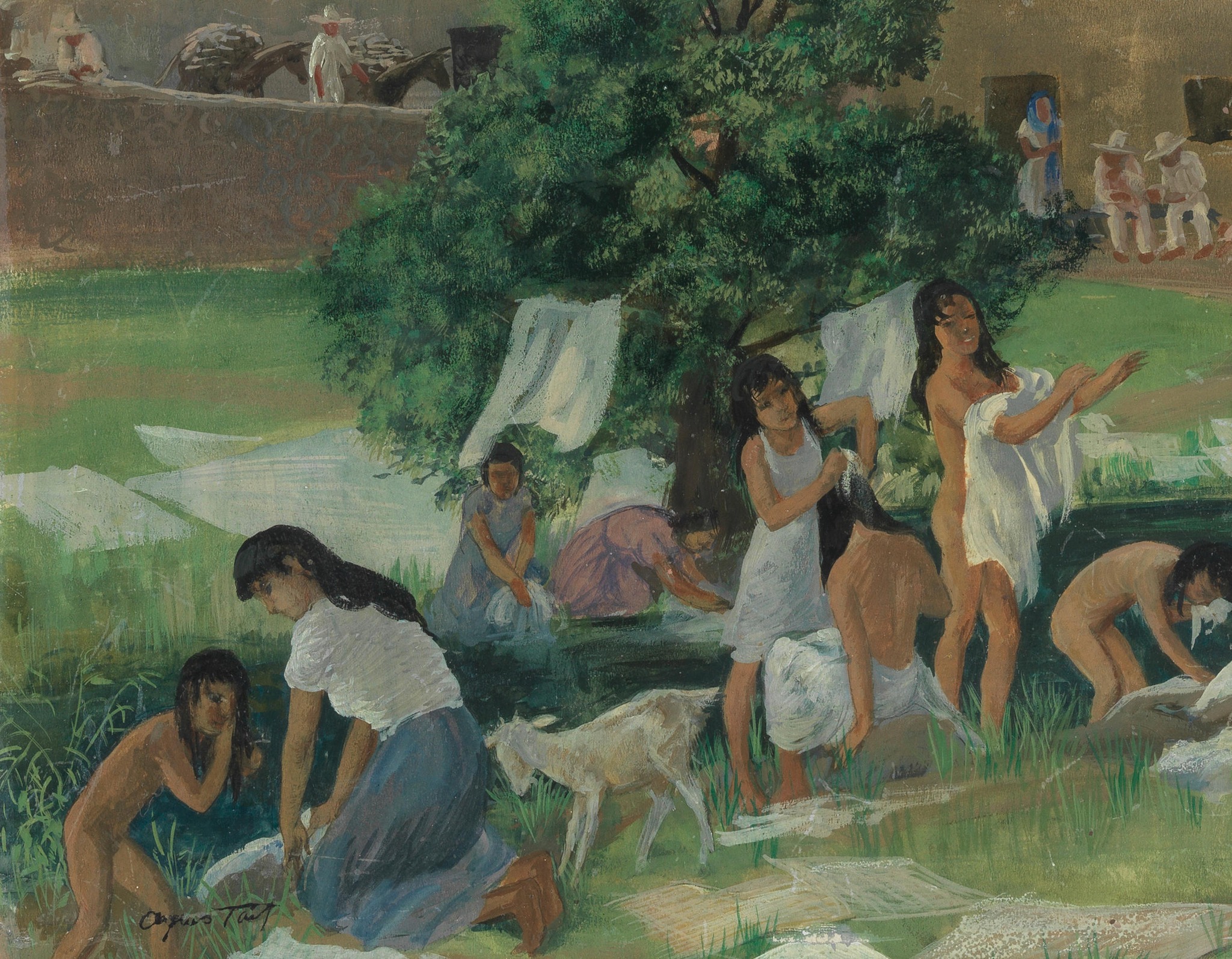 Painting Mexican Bathers by Agnes Tait depicting women washing clothes by a river under a large tree, surrounded by greenery, goats, and drying linens.