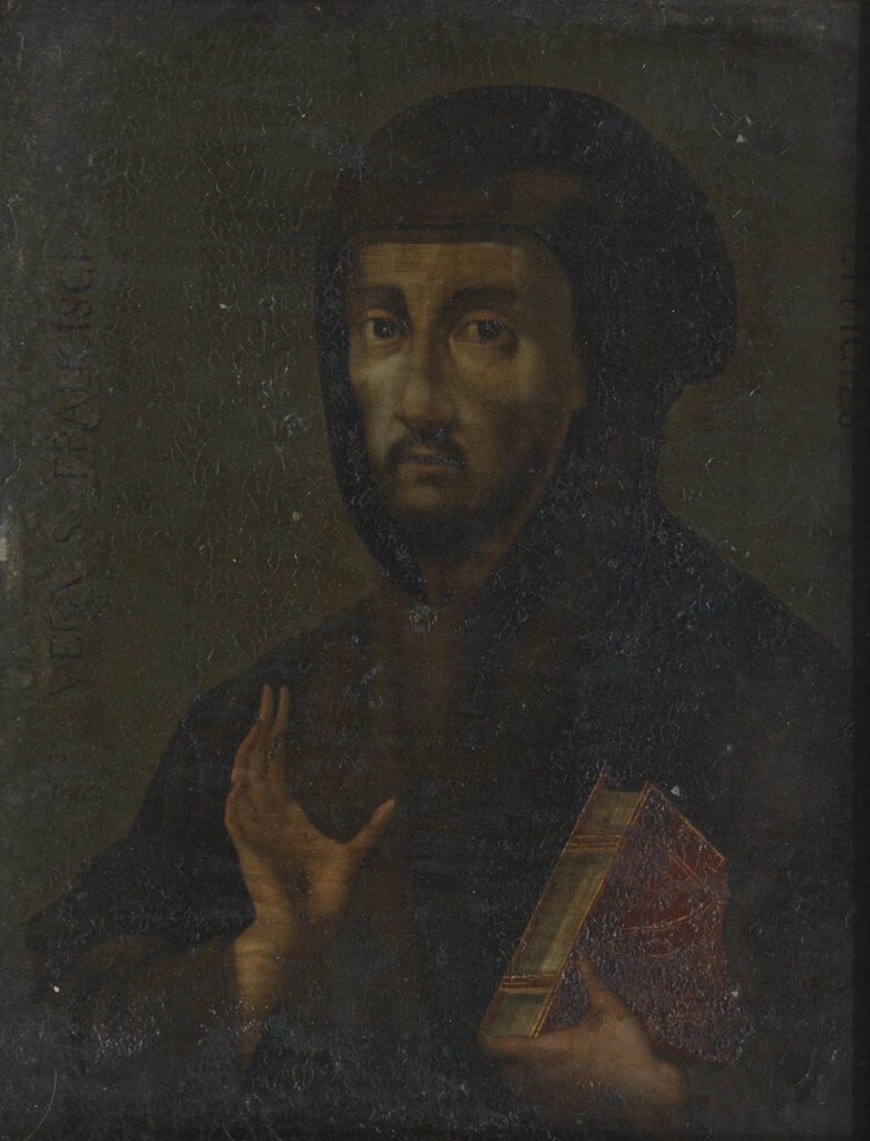 19th century Italian School painting of Saint Francis, depicted holding a red book with a solemn expression