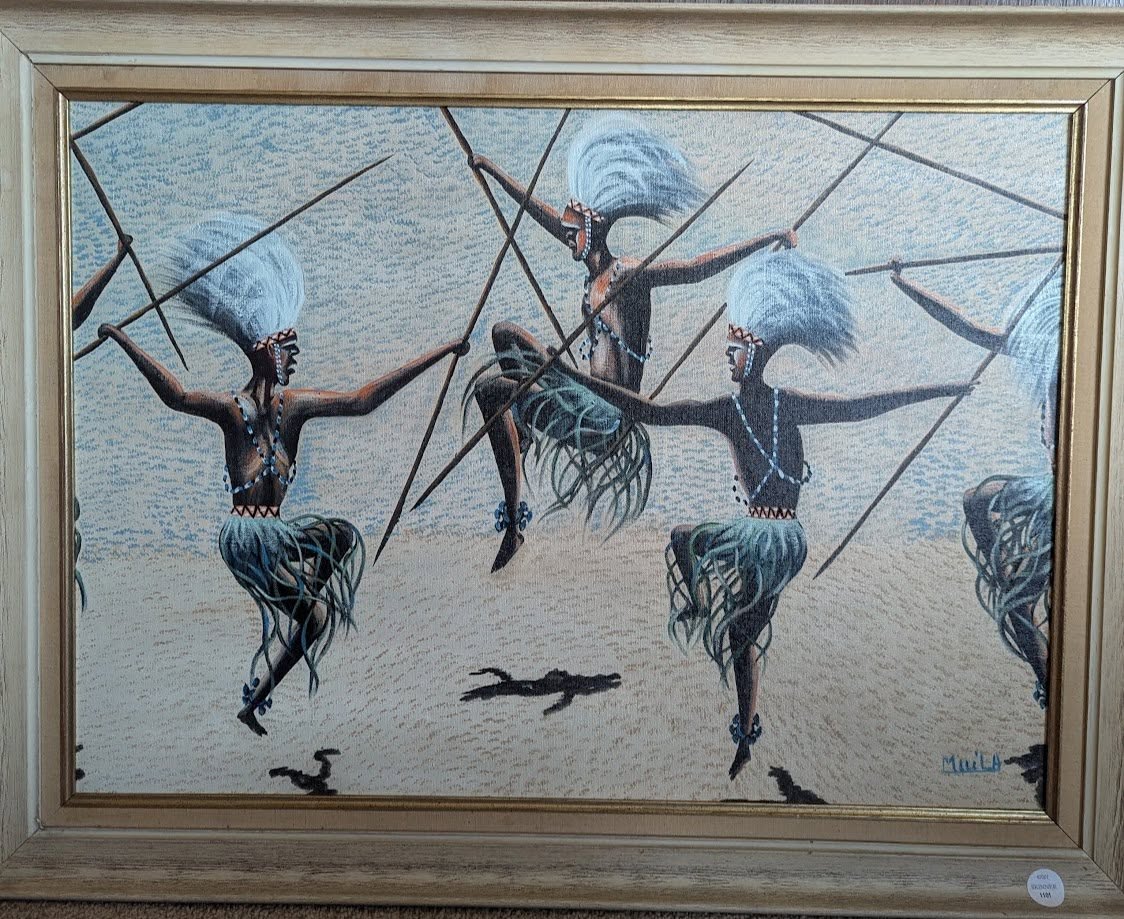 Dancing Tribesmen by Mwila, a vibrant painting of rhythmic dancers with spears, white headdresses, and dynamic shadows against a textured background.