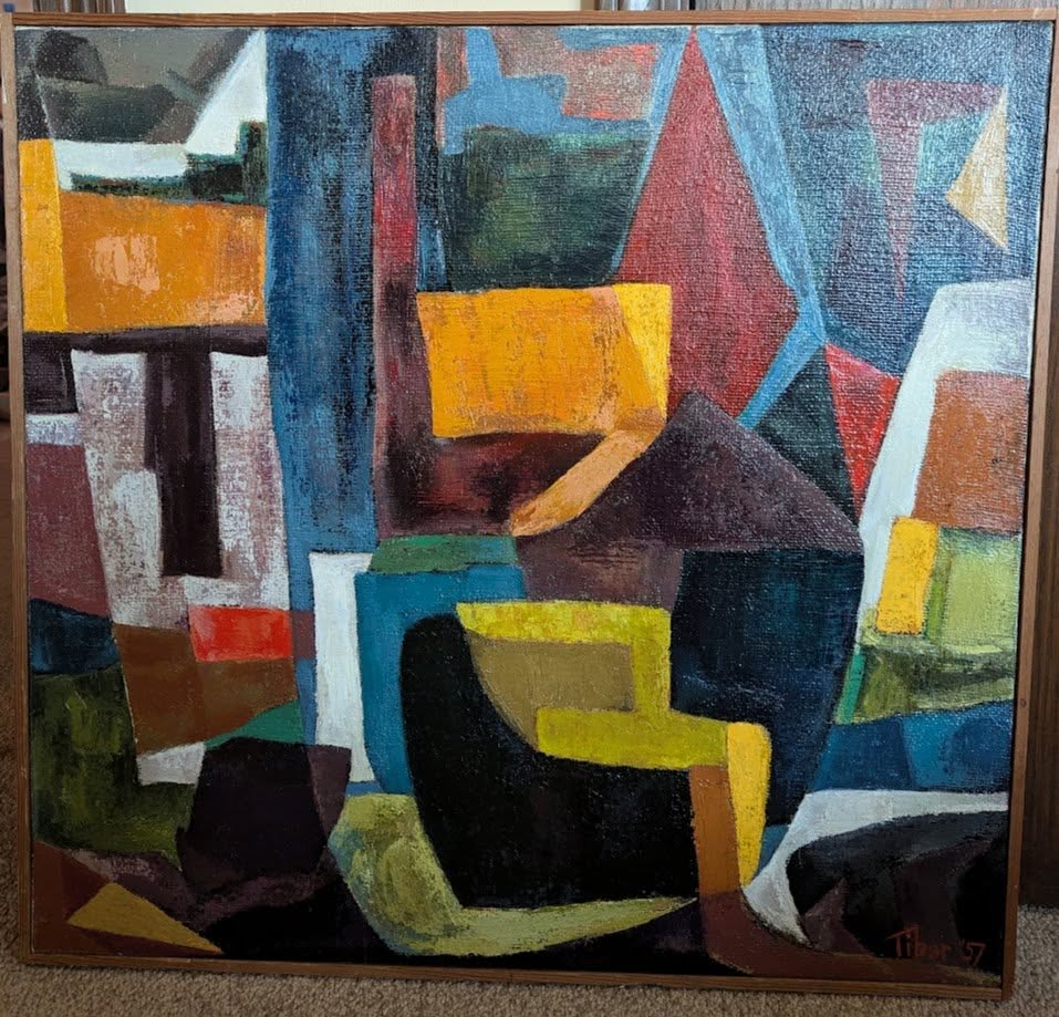 Untitled painting by Tibor, 1957, featuring an abstract composition with bold geometric forms, vibrant primary colors, and dynamic contrasts in the Abstract Expressionist style.