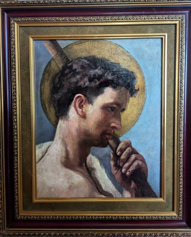 Saint Thomas the Apostle painting, Valencian School of Joaquín Sorolla, 19th century, oil on canvas