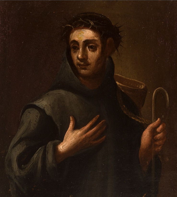 A 17th-century painting from the Granada School depicting San Juan de Dios, shown in a dark monk&#039;s robe with a crown of thorns, holding a shepherd&#039;s staff and a book against a shadowed background.