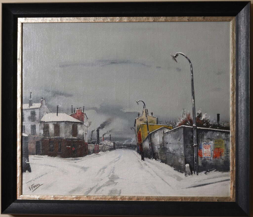 City Street painting by Gabriel Marc Ferro, French artist (1903-1981), snowy winter street scene with buildings and lampposts, 25.5 x 21.5 inches.