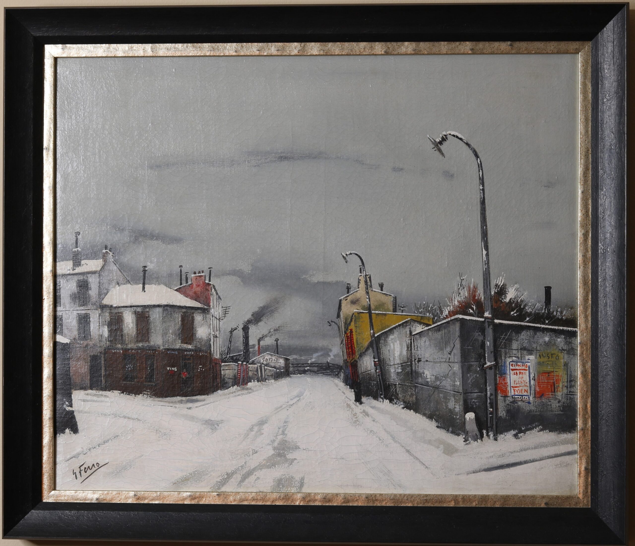 City Street painting by Gabriel Marc Ferro, French artist (1903-1981), snowy winter street scene with buildings and lampposts, 25.5 x 21.5 inches.