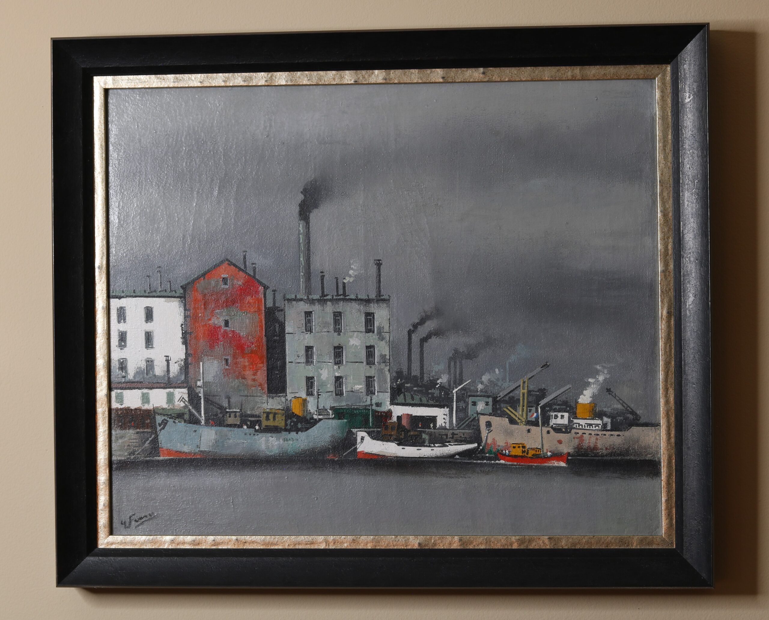 Le Bassin A Flots, painting by Gabriel Marc Ferro, depicting ships docked along industrial buildings under a gray sky, oil on canvas.