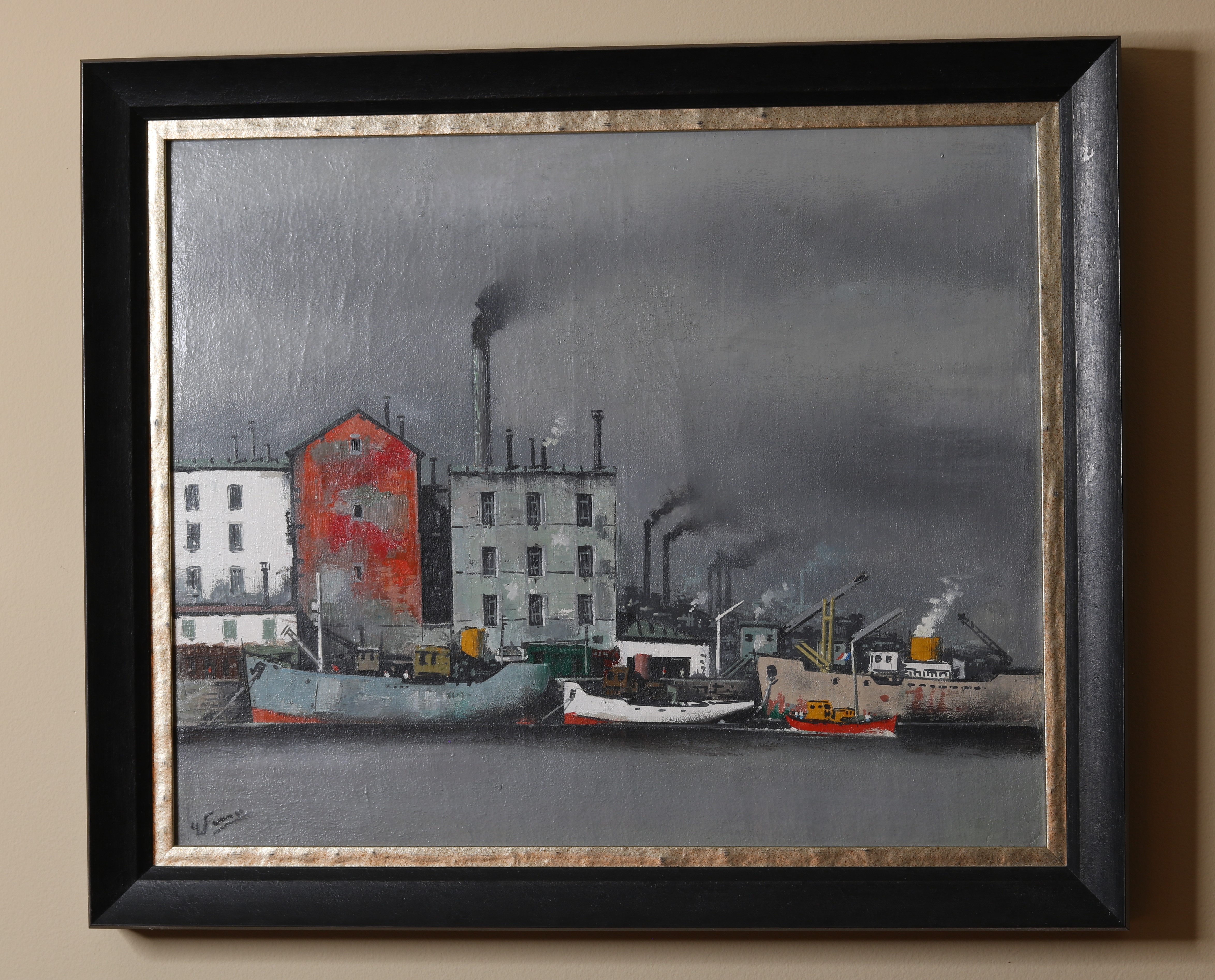 Le Bassin A Flots, painting by Gabriel Marc Ferro, depicting ships docked along industrial buildings under a gray sky, oil on canvas.
