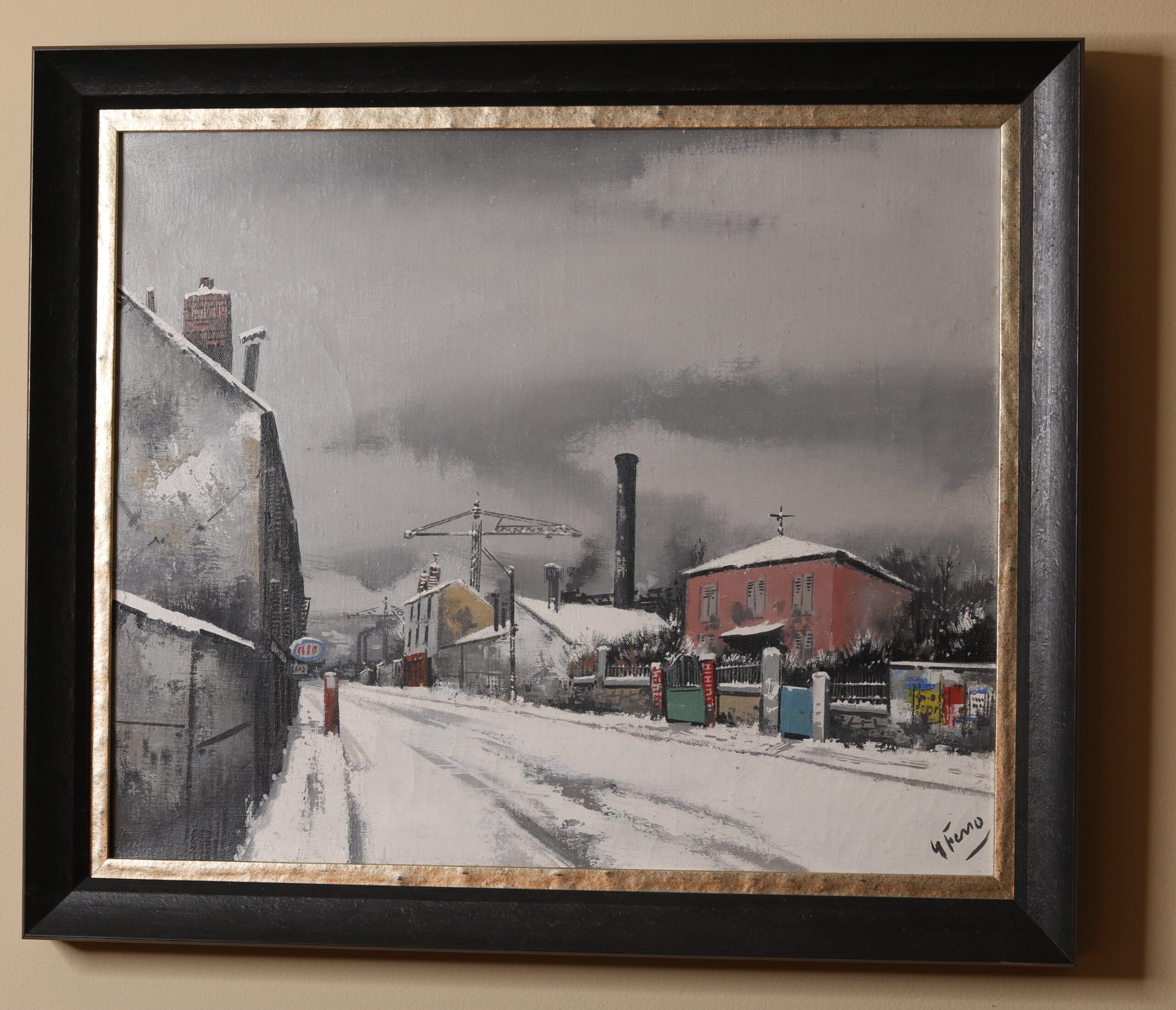 Winter Stillness in the Industrial Quarter, painting by Gabriel Marc Ferro, depicting a snow-covered street with smokestacks, cranes, and industrial buildings under a muted gray sky.