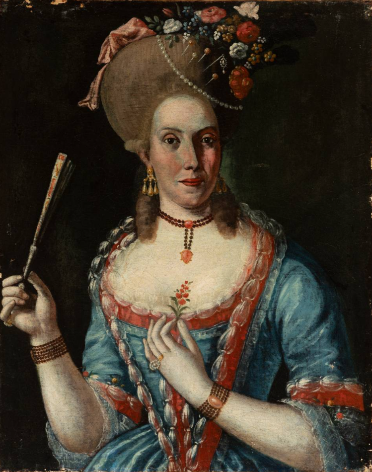 18th-century Italian portrait of a lady, featuring elaborate hairstyle, floral accents, and elegant blue gown, indicative of the time&#039;s aristocratic fashion.