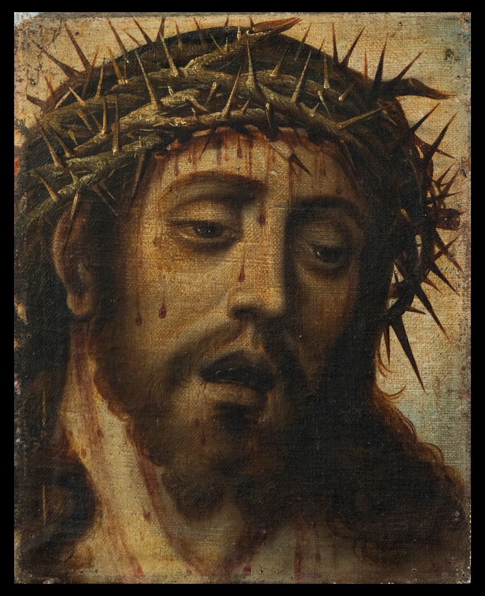 A 17th-century Spanish Baroque painting titled Ecce Homo, depicting Christ crowned with thorns, his face rendered with emotional depth and suffering.