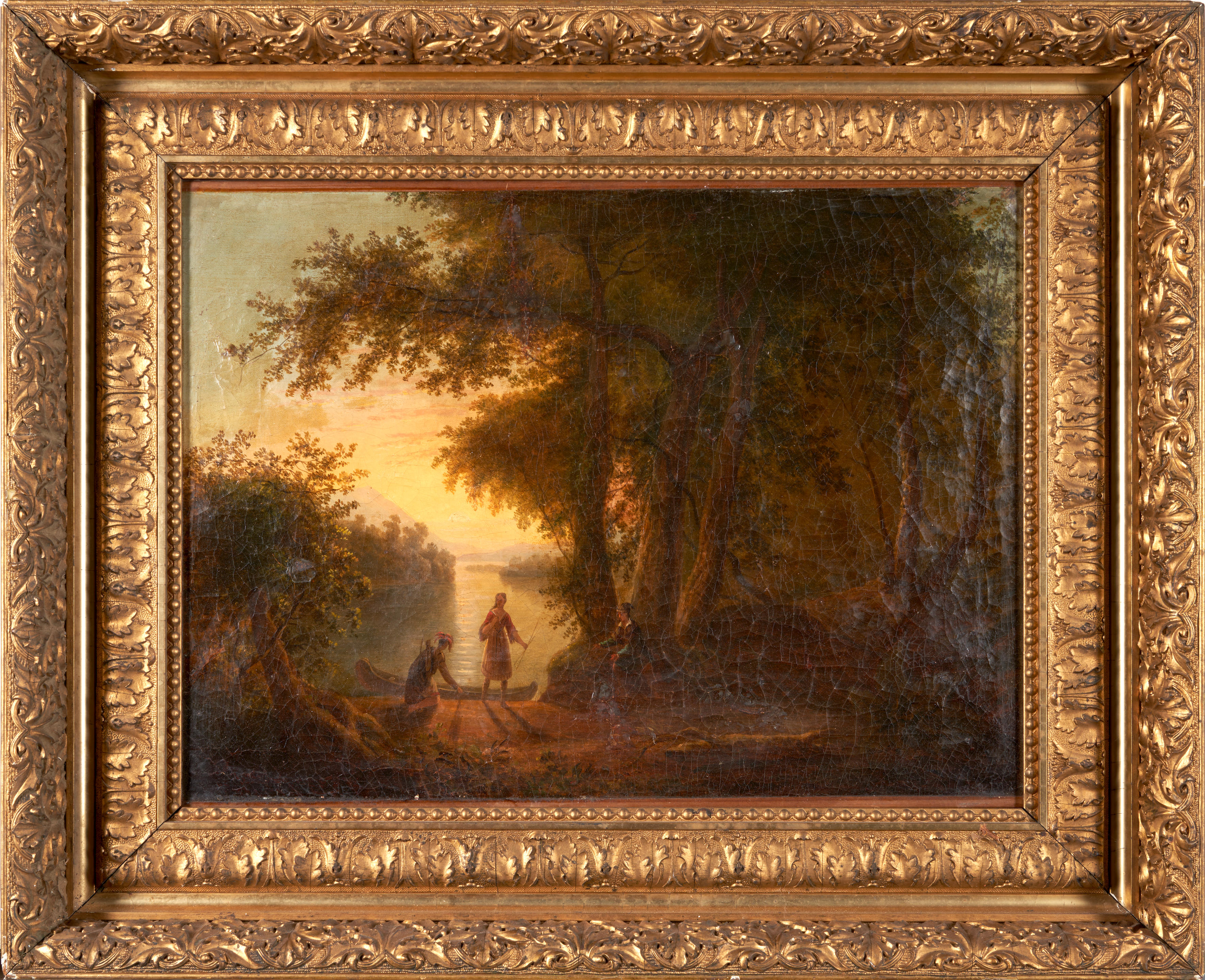 Lakeshore painting after Emil Jakob Schindler, featuring a serene forested landscape with figures near a lake at sunset, framed in an ornate gilded frame.