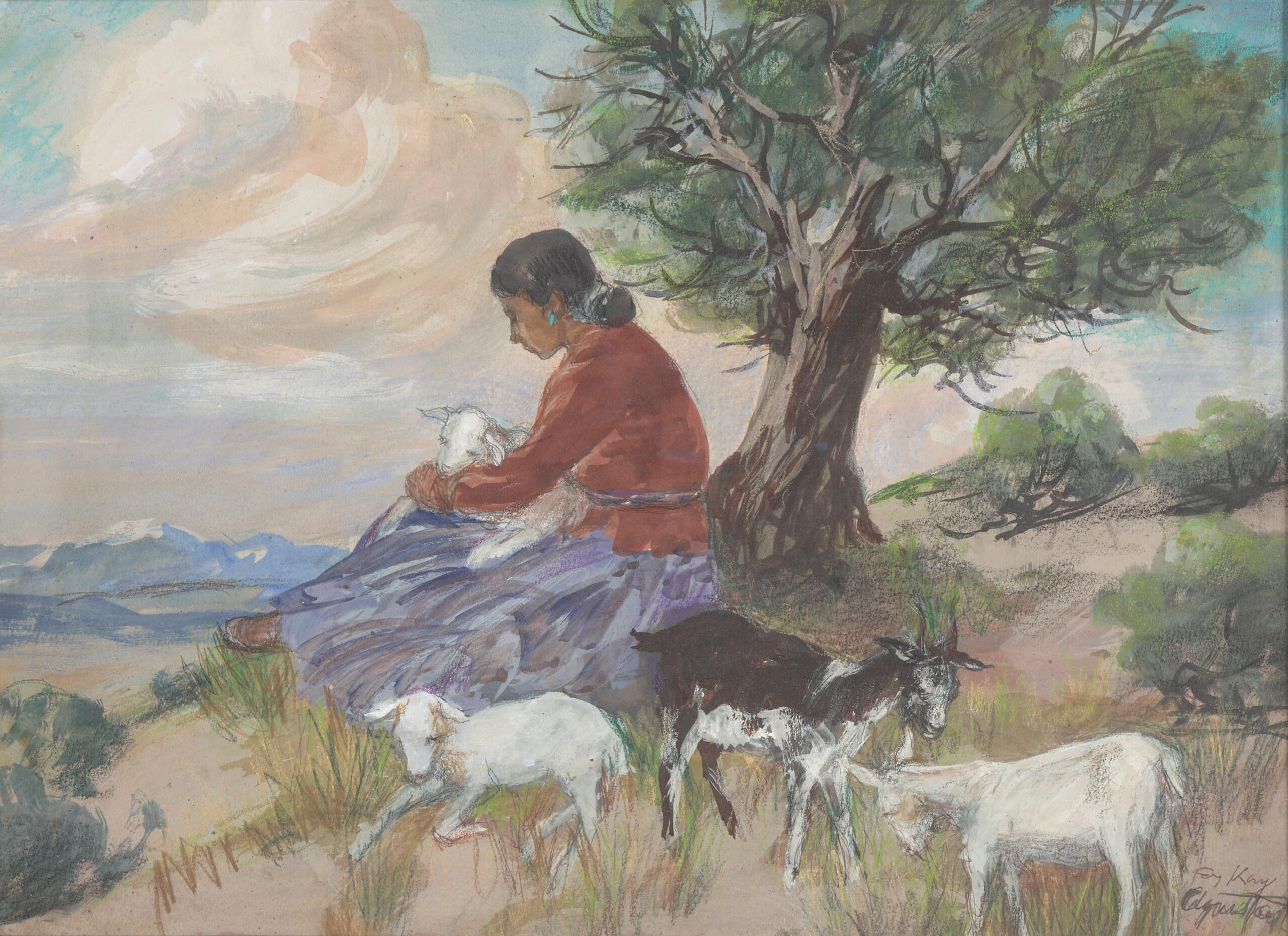 A framed painting titled The Shepherdess by Agnes Tait, depicting a young woman sitting beneath a tree, surrounded by grazing goats with a serene landscape in the background.